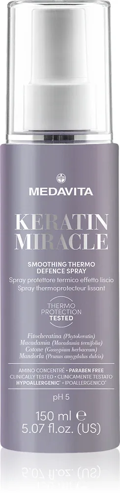 Medavita Keratin Miracle Smoothing Thermo Defence Spray - Термозащитный спрей для использования с утюжкой и кудрявой волосами, 150 мл