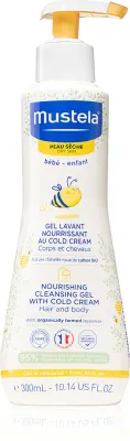 Mustela Bebe Dry Skin - Питательный очищающий гель с защитным кремом для восстановления кожного барьера для детей с рождения, 300 мл
