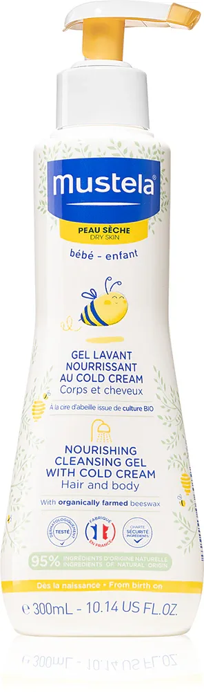 Mustela Bebe Dry Skin - Питательный очищающий гель с защитным кремом для восстановления кожного барьера для детей с рождения, 300 мл