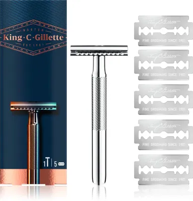Бритва Т-образная Gillette King C. Double Edge с двойным лезвием, металлическая рукоять, 5 шт