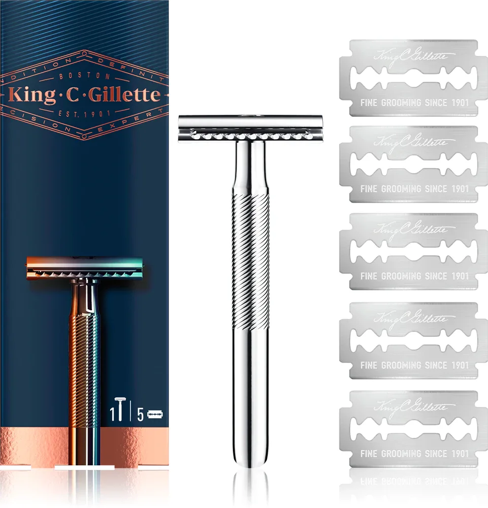 Бритва Т-образная Gillette King C. Double Edge с двойным лезвием, металлическая рукоять, 5 шт