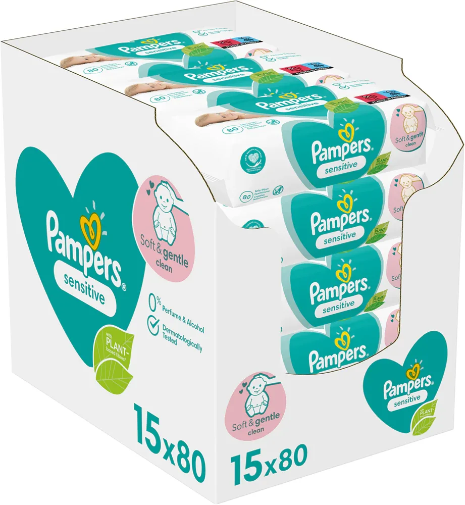 Pampers Sensitive - Увлажняющие очищающие салфетки для детей с чувствительной кожей, 15 шт