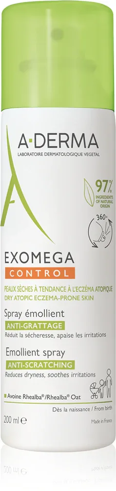 A-Derma Exomega Control Emollient Spray - Увлажняющий укрепляющий крем для чувствительной и атопической кожи в спрее, 200 мл