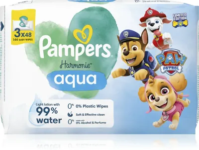 Pampers Harmonie Aqua Paw Patrol - Увлажняющие очищающие салфетки для детей, 144 шт