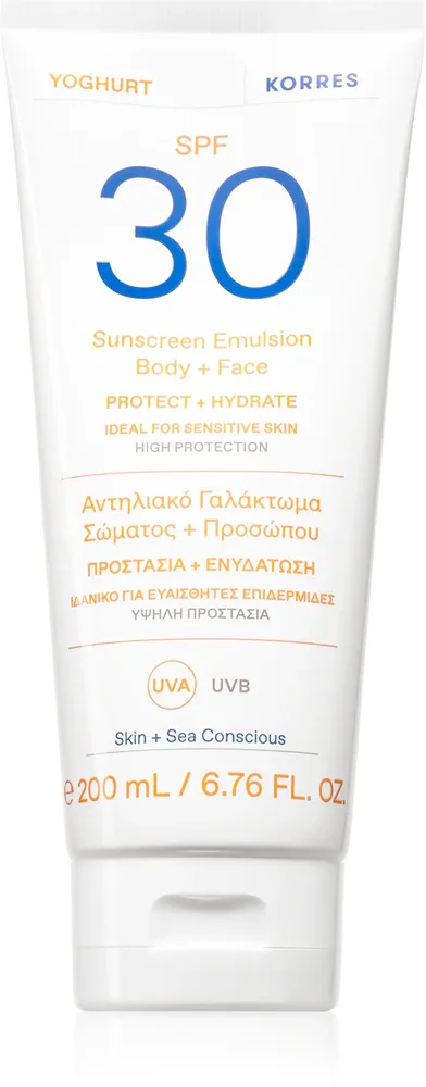 Korres Yoghurt Sunscreen - Эмульсия для загара для лица и тела SPF 30, 200 мл