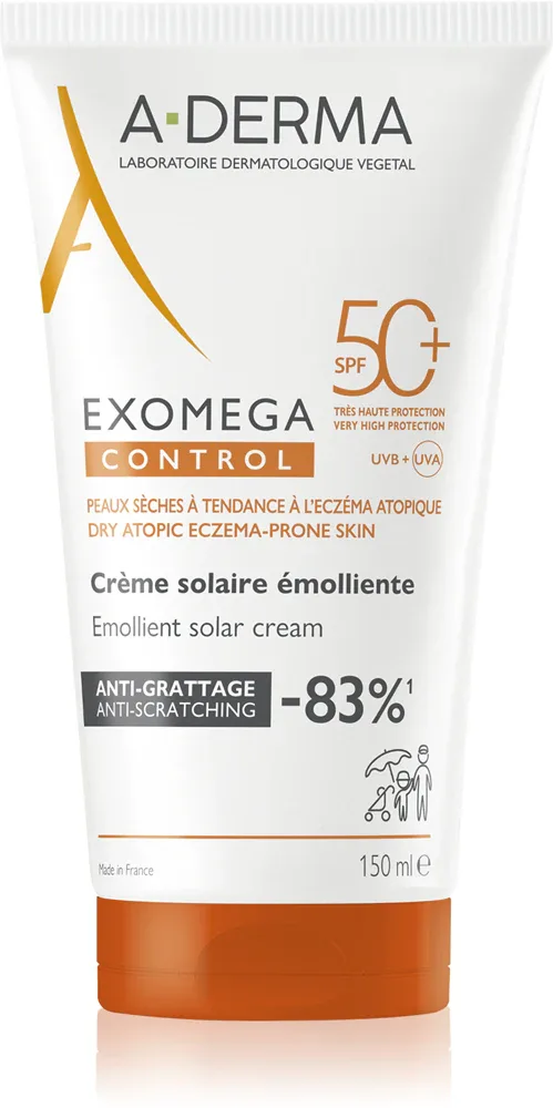 A-Derma Exomega Control Emollient Solar Cream - Защитный крем для лица и тела SPF 50+, 150 мл