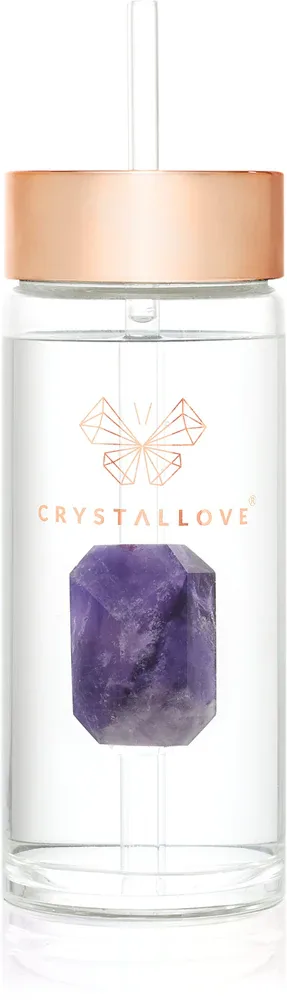 Бутылка для воды Crystallove Amethyst Straw Water Bottle стеклянная, с кристаллом и трубочкой, 400 мл