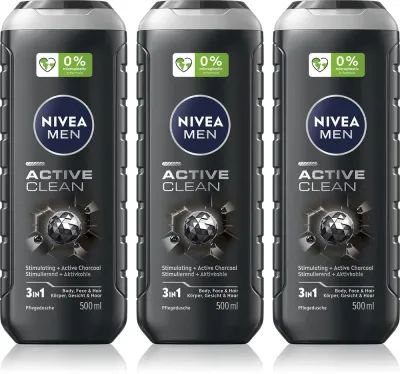 NIVEA MEN Active Clean - Гель для душа для мужчин удобная упаковка 3 x 500 мл 3 x 500 мл