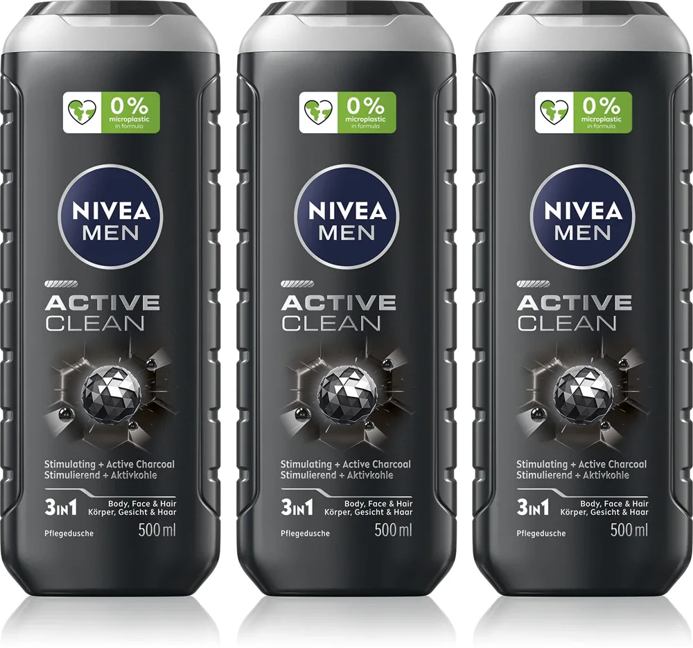 NIVEA MEN Active Clean - Гель для душа для мужчин удобная упаковка 3 x 500 мл 3 x 500 мл
