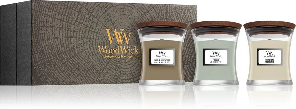 Woodwick Fireside + White Teak + Sand & Driftwood - Подарочный набор ароматов для дома, 3 г