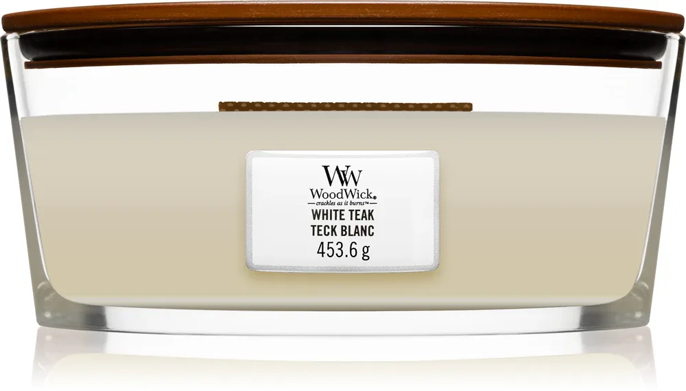 Woodwick White Teak - Ароматическая свеча с деревянным фитилем (hearthwick) с деревянным фитилем (hearthwick), 453.6 г
