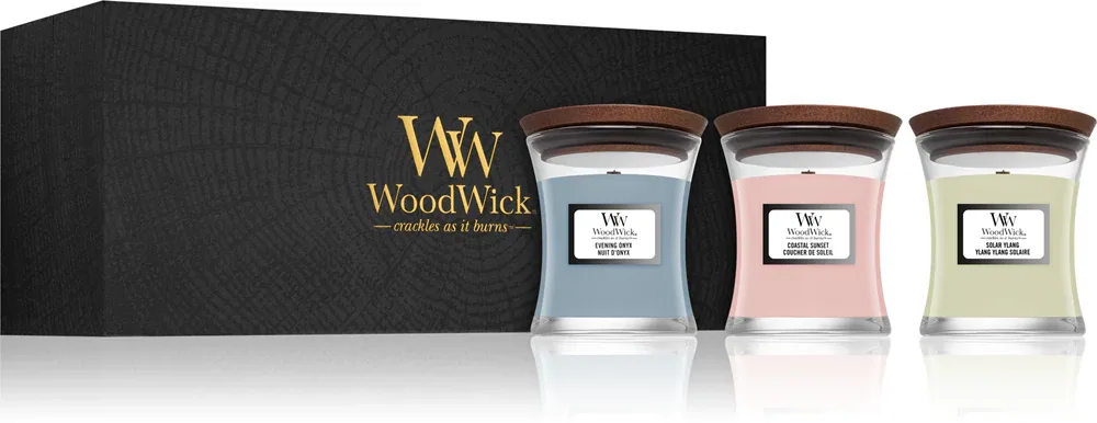 Woodwick Evening Onyx & Solar Ylang & Coastal Sunset - Подарочный набор с деревянным фитилем (подарочная коробка) с деревянным фитилем (gift box), 1 шт