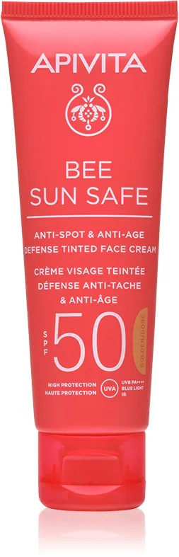 Apivita Bee Sun Safe Anti-Spot and Anti-Age Tinted Face Cream SPF50 - Защитный тонирующий крем для лица SPF 50, 50 мл, оттенок Golden