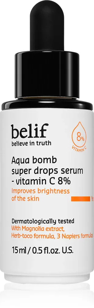 belif Aqua Bomb Super Drops Serum Vitamin C 8% - Сыворотка с витамином C для лица, омолаживающая и осветляющая, 15 мл