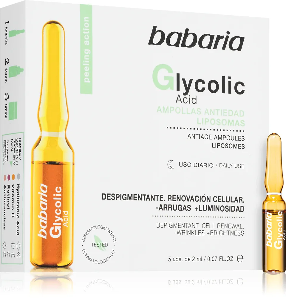 Babaria Glycolic Acid - Сыворотка для лица против морщин, осветляющая в ампулах, 5 мл