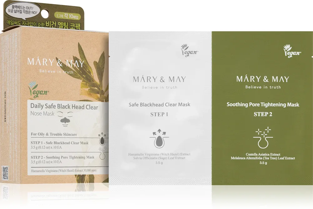MARY & MAY Daily Safe Black Head Clear Nose Mask - Маска очищающая для забитых пор на носу для двухфазного ухода за кожей, 2 шт