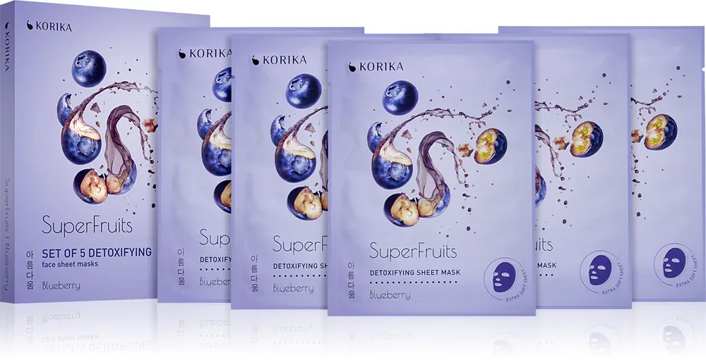 KORIKA SuperFruits Blueberry - Set of 5 Detoxifying Face Sheet Masks - Набор масок для лица по сниженной цене с детокс-эффектом черники Blueberry