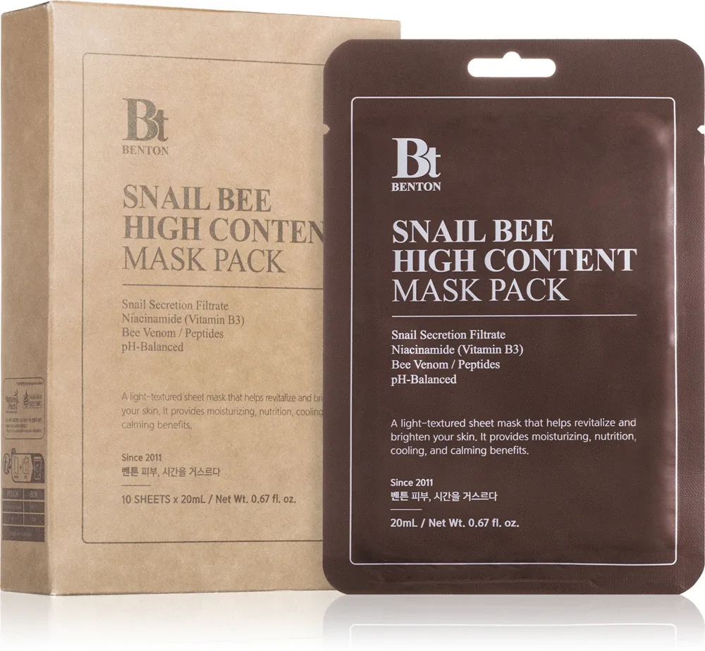 Benton Snail Bee - Маска в тканевом покрытии обеспечивает комплексный уход с экстрактом улиточного слизи 10 ×, 20 г