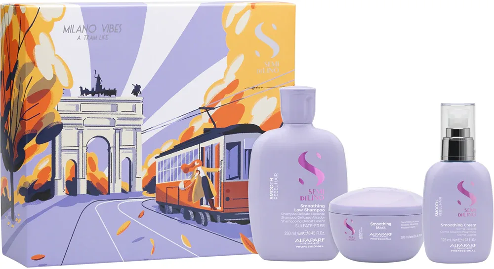 Alfaparf Milano Semi di Lino Smooth Holiday Kit - Подарочный набор для непослушных и пушистых волос, 3 шт