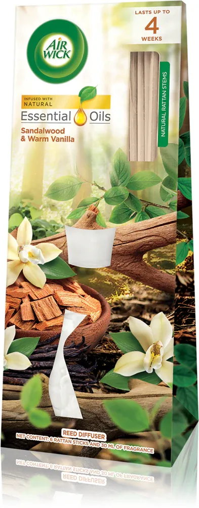Air Wick Essential Oils Sandalwood & Warm Vanilla - Душевой гель с ароматизатором и наполнителем, 30 мл