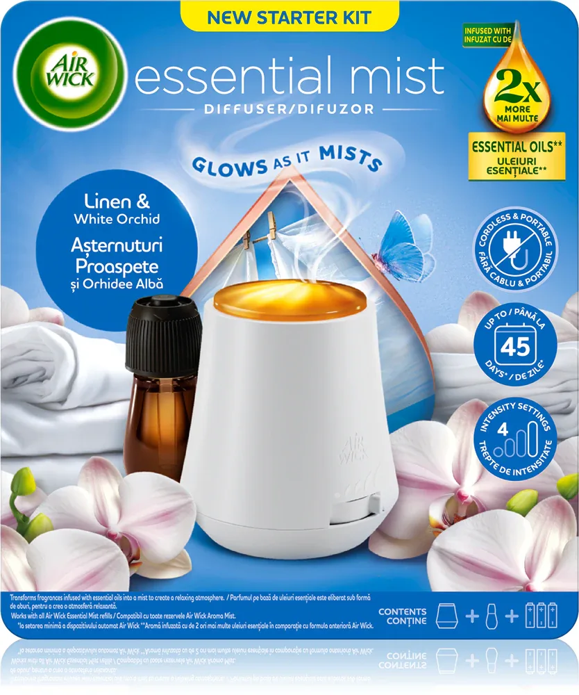 Air Wick Essential Mist Linen & White Orchid - Душевой гель с ароматизатором и наполнителем, 1 шт