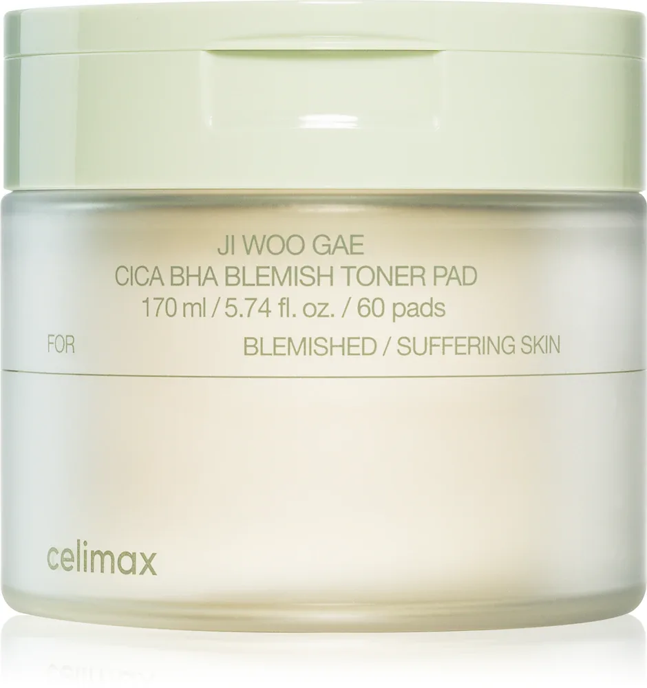celimax Ji Woo Gae Cica BHA Blemish Toner Pad - Тоник для лица с отшелушивающими частицами для чувствительной кожи с предрасположенностью к прыщам, 60 шт