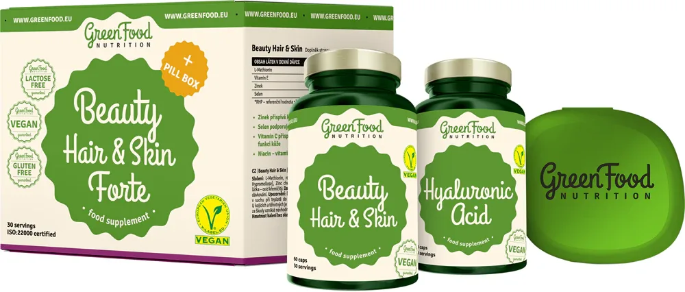 Набор пищевых добавок GreenFood Nutrition Beauty Hair Skin Forte для волос, кожи и ногтей, с гиалуроновой кислотой, 80 г
