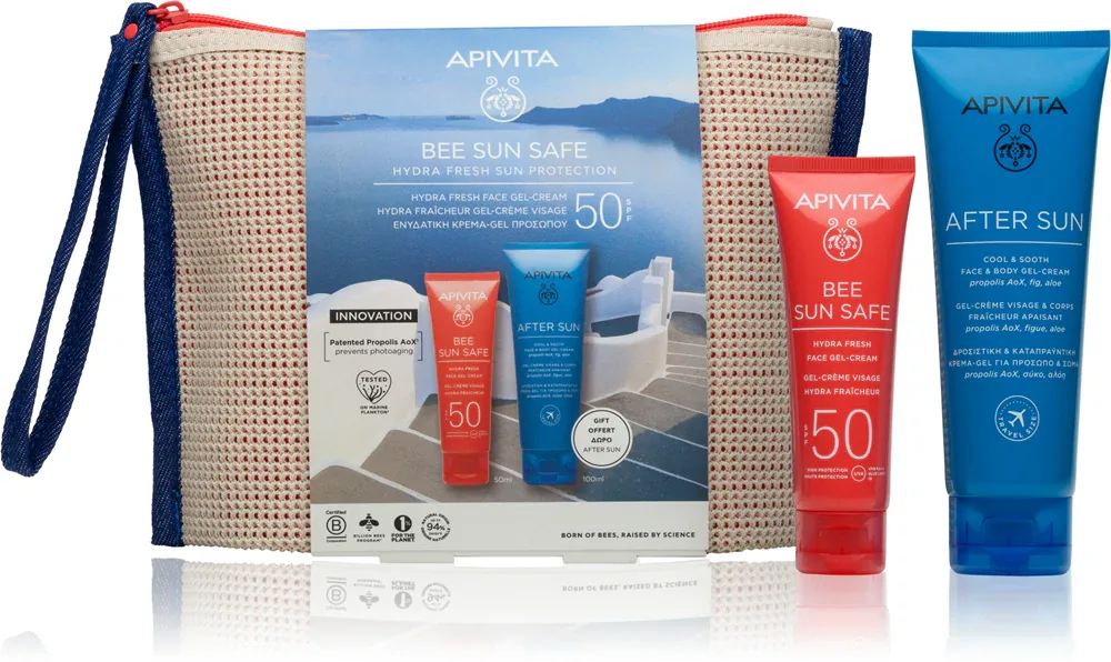 Набор для ухода за лицом Apivita Bee Sun Safe Hydra Fresh Sun Protection солнцезащитный, с косметичкой