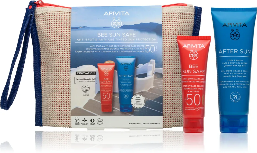 Набор для ухода за лицом Apivita Bee Sun Safe Anti-spot Anti-age Tinted Sun Protection солнцезащитный, с косметичкой