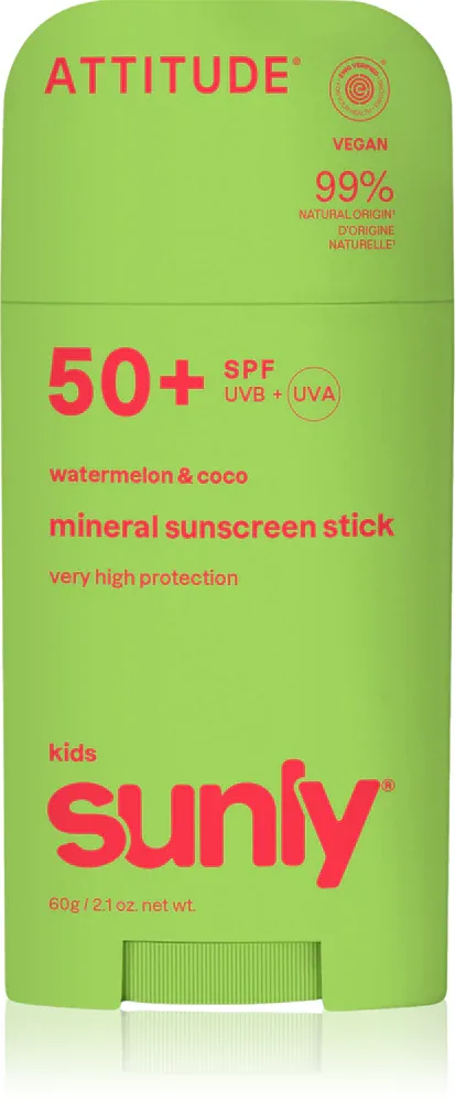 Стик солнцезащитный детский Attitude Sunly Kids Watermelon Coco для лица и тела, 60 г SPF 50+