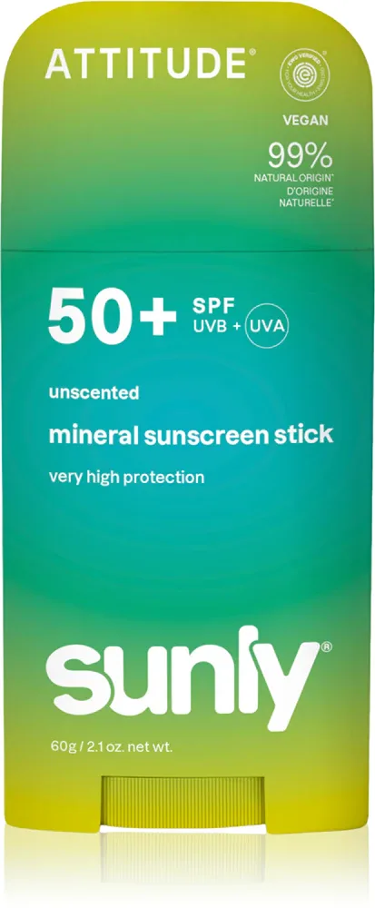 Стик солнцезащитный Attitude Sunly Mineral Sunscreen Stick SPF 50+ для лица и тела, 60 г bezzapachowy