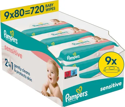 Влажные салфетки Pampers Sensitive Baby Wipes для чувствительной кожи, 9×80 шт