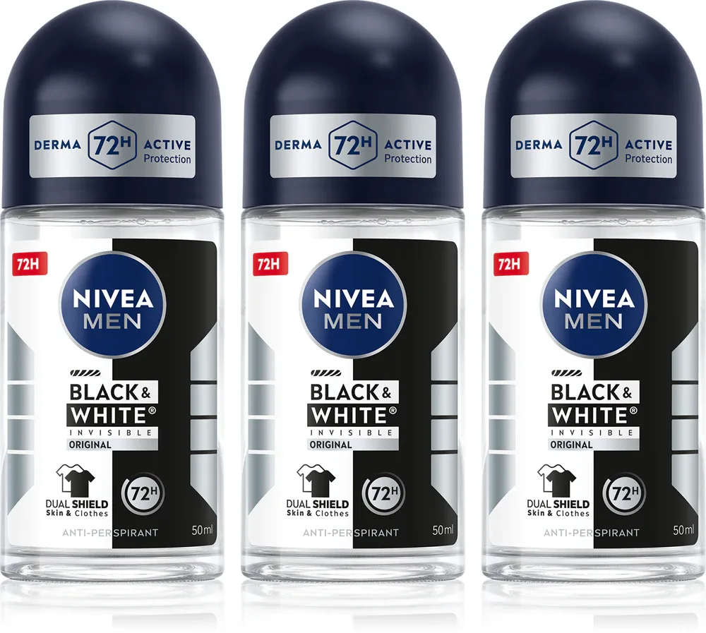 Антиперспирант-ролик NIVEA MEN Black White Invisible Original для мужчин, без следов на одежде, 3х50 мл