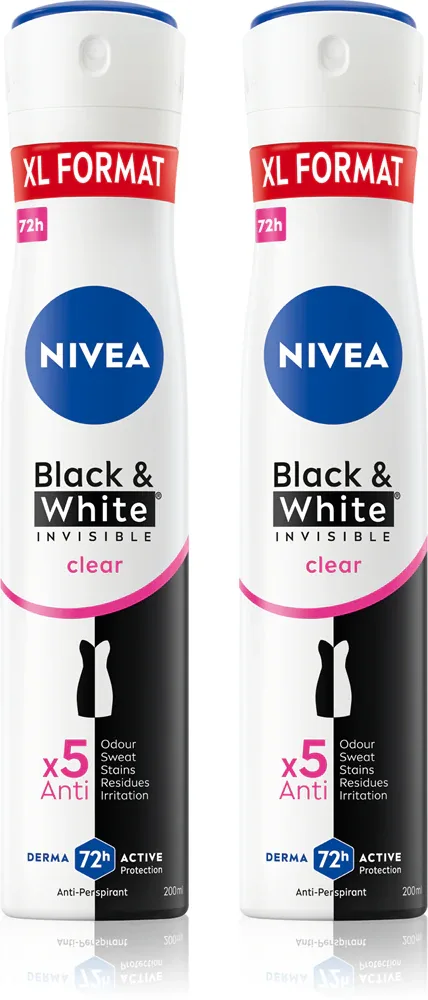 Антиперспирант-спрей NIVEA Black White Invisible Clear для женщин, без следов на одежде, 2х200 мл