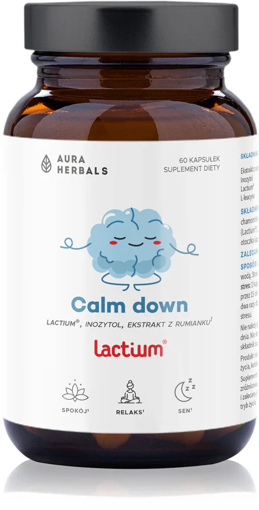 Добавка к пище Aura Herbals Calm Down lactium в капсулах, при стрессе, 60 капсул