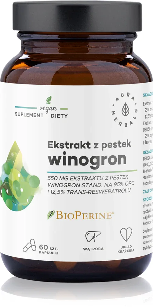 Добавка к пище Aura Herbals Ekstrakt z pestek winogron 550 mg с экстрактом чёрного перца, 60 капсул