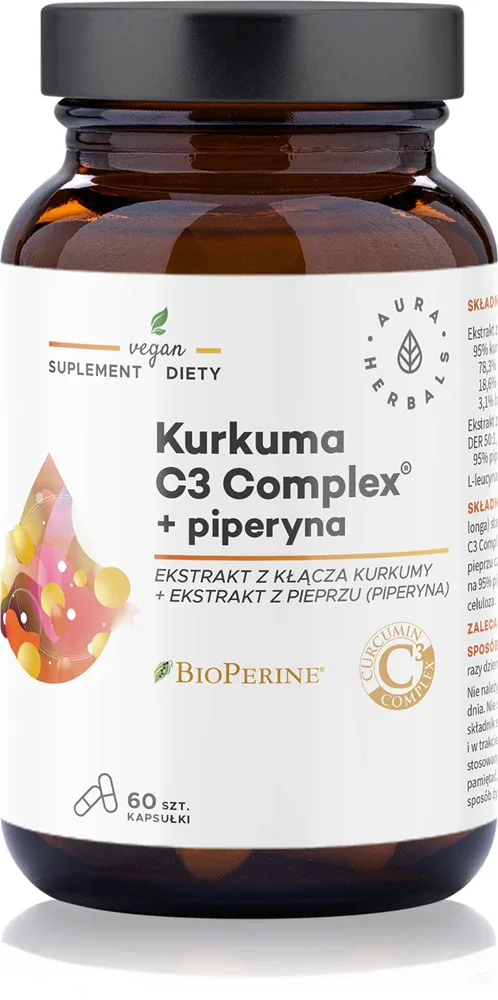Добавка к пище Aura Herbals Kurkuma 500 mg C3 Complex + piperyna с куркумой и пиперином, 60 капсул