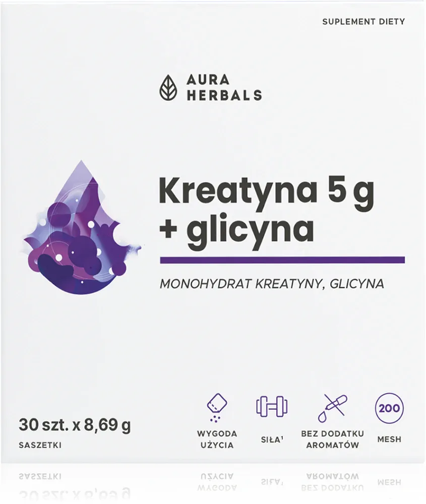 Добавка к пище Aura Herbals Kreatyna 5 г + Glycina с креатином и глицином, для спорта, 30 шт