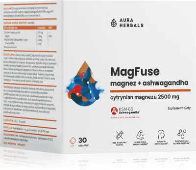 Добавка к пище Aura Herbals MagFuse + ashwagandha с магнием и ашвагандой, для растворения в воде, 30 шт