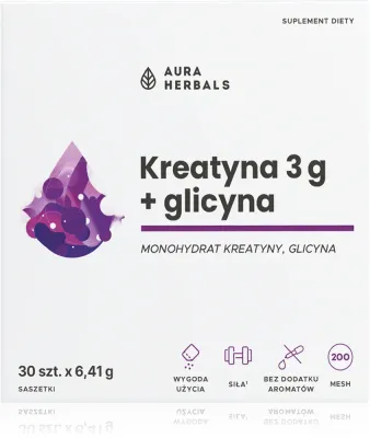 Добавка к пище Aura Herbals Kreatyna 3 г + Glycina с креатином и глицином, для спорта, 30 шт