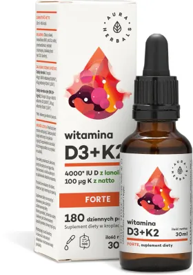 Добавка к пище Aura Herbals Witamina D3 4 000 IU + K2 FORTE капли на оливковом масле, 30 мл