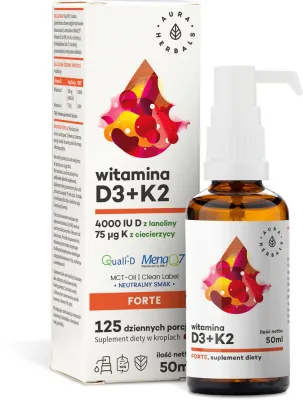 Добавка к пище Aura Herbals Witamina D3 4 000 IU + K2, MCT капли на кокосовом масле, 50 мл