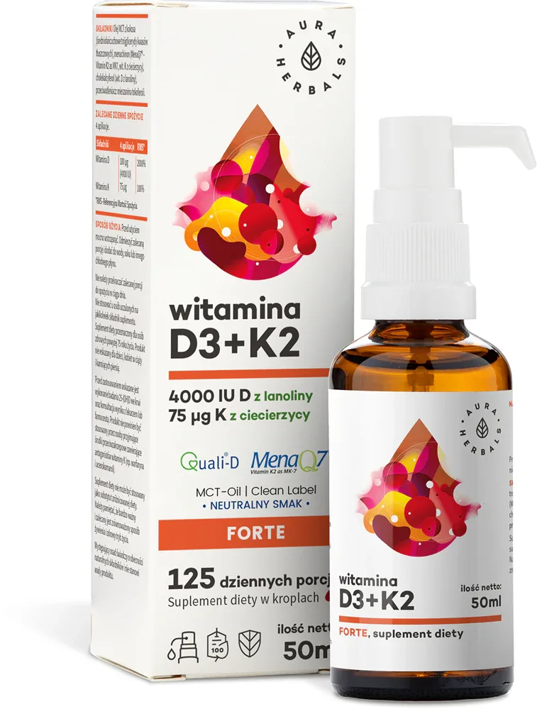 Добавка к пище Aura Herbals Witamina D3 4 000 IU + K2, MCT капли на кокосовом масле, 50 мл