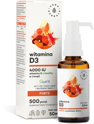 Добавка к пище Aura Herbals Witamina D3 4 000 IU, MCT капли на кокосовом масле, 50 мл