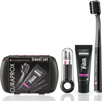 Набор для гигиены полости рта Curaprox Travel Set Black is White, дорожный, складная щётка и паста