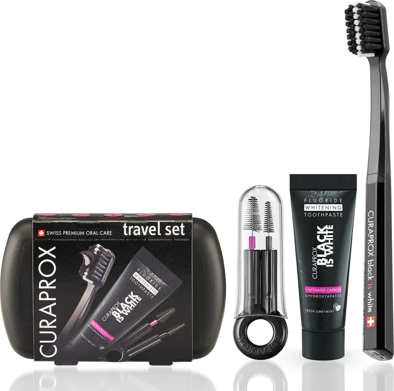 Набор для гигиены полости рта Curaprox Travel Set Black is White, дорожный, складная щётка и паста