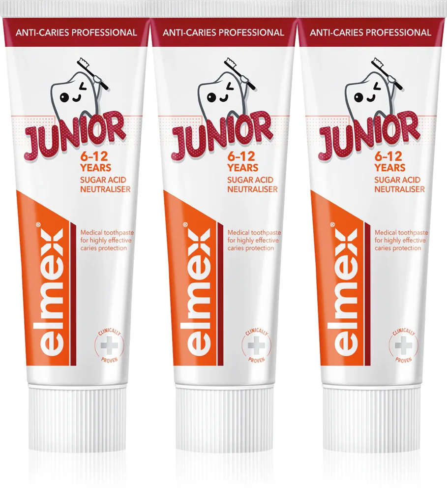Зубная паста детская Elmex Anti-Caries Professional Junior от кариеса, приятная на вкус, 3 × 75 мл