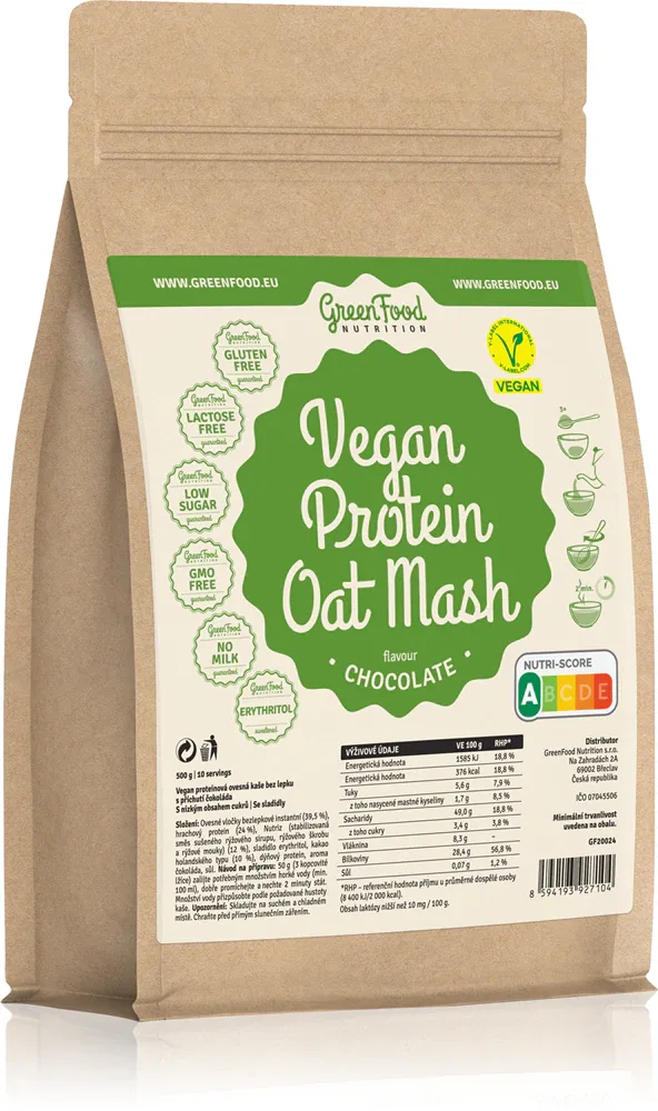 Каша овсяная GreenFood Nutrition Vegan Protein Oat Mash протеиновая, с низким содержанием сахара, вкус шоколада, 500 г smak Chocolate