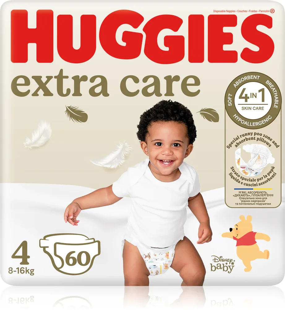 Подгузники одноразовые Huggies Extra Care Size 4 с двумя зонами впитывания, дышащие, 60 шт