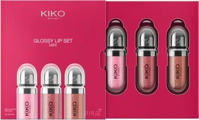 Набор блесков для губ KIKO Milano Glossy Lip Set Mini, 3 оттенка по 3,5 мл, с высоким блеском opakowanie mini